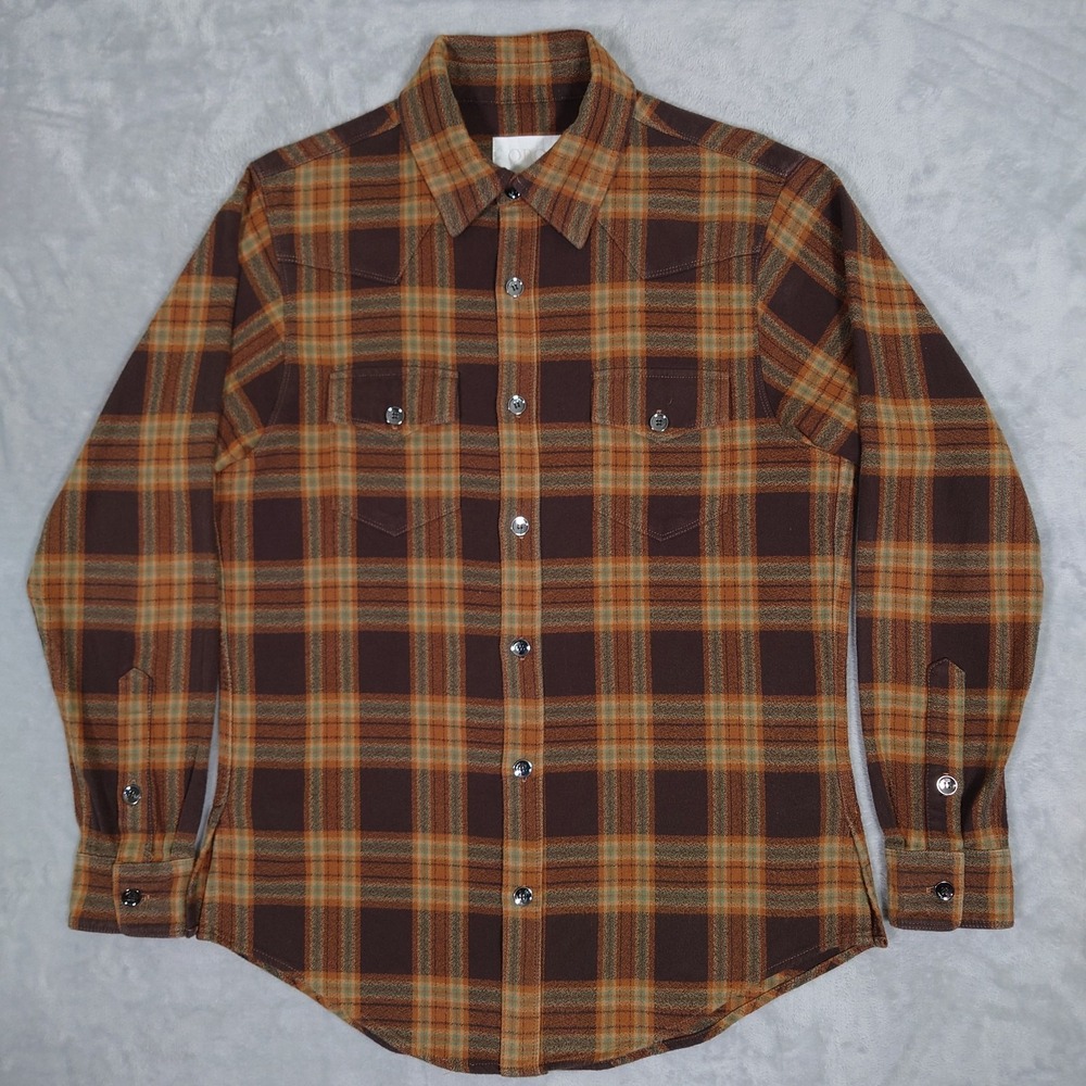 ORO Los Angeles Flannel Shirt Men's M Western Cut Plaid Long Sleeve Brown Cotton